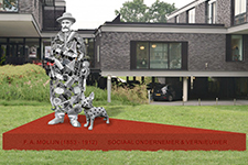 Het aluminium beeld ter ere van F.A. Molijn voor Nunspeet is bevestigd aan een cor-ten stalen sokkel. fotomontage